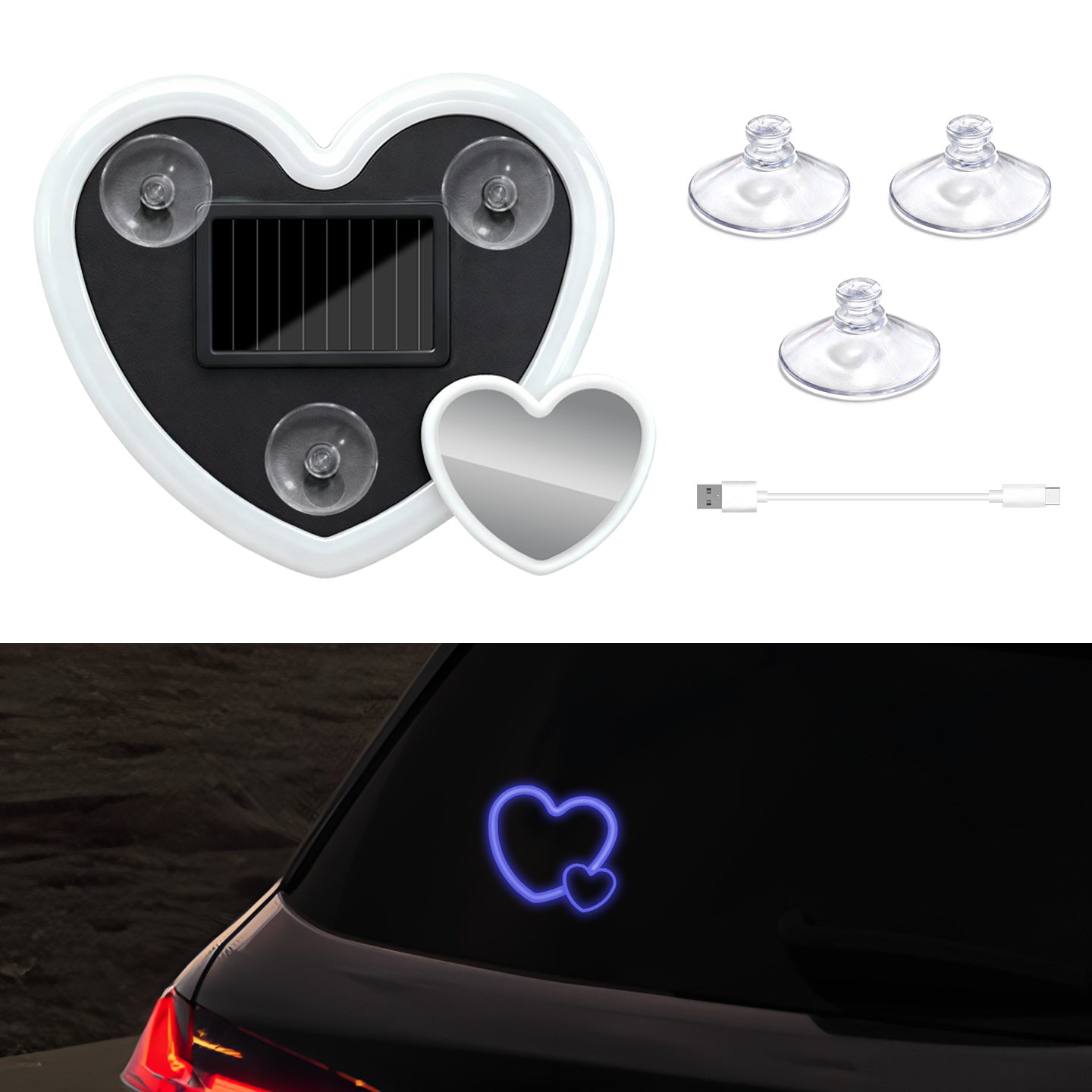 Solar-Powered Wireless Heart-Shaped LED Car Interior Neon Glow – Heart Atmosphere C-Pillar Light & Window Decoration