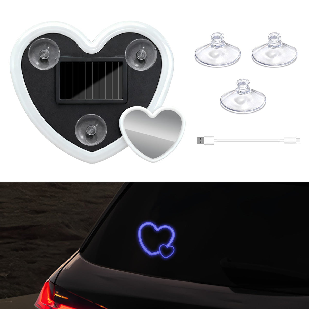 Solar-Powered Wireless Heart-Shaped LED Car Interior Neon Glow – Heart Atmosphere C-Pillar Light & Window Decoration