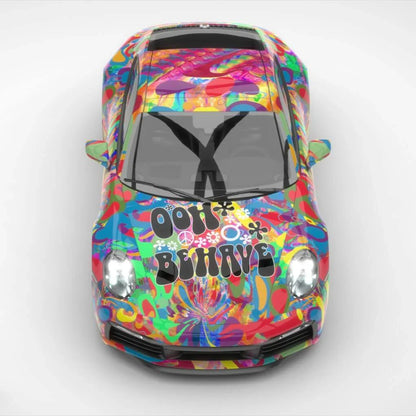 Colorful car with abstract design and text on a white background