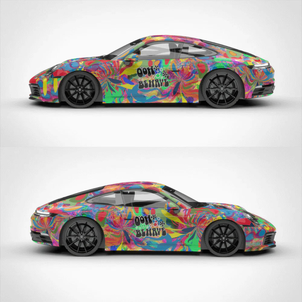 Colorful car with a tie-dye design on a white background