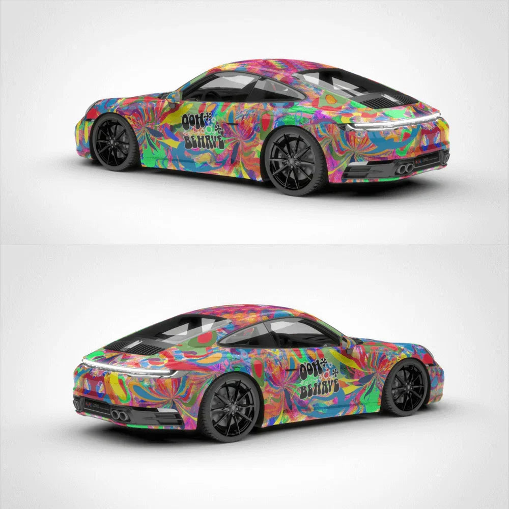 Colorful car with a vibrant wrap design on a white background