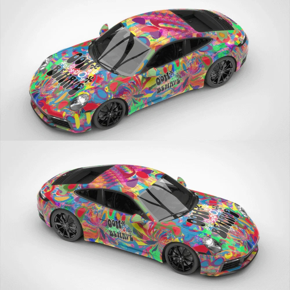 Colorful car with a tie-dye design on a white background