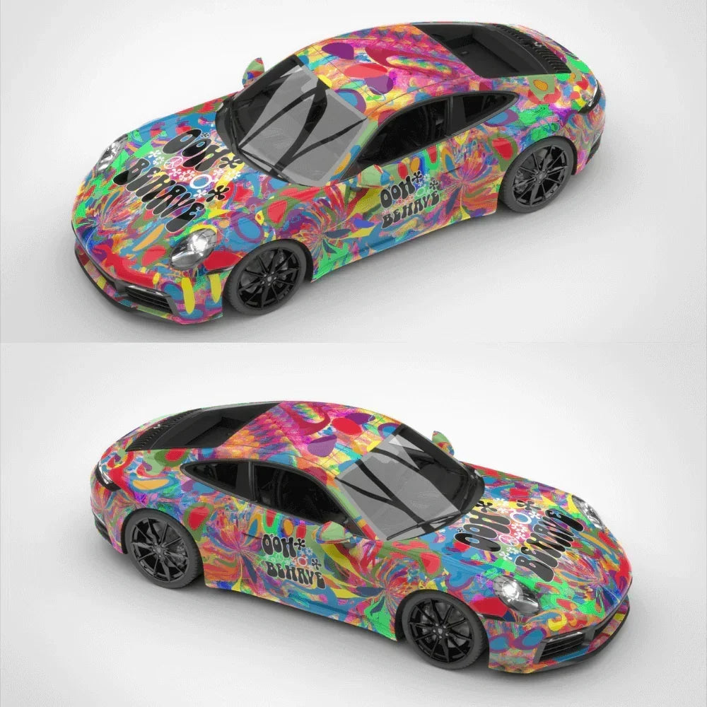 Colorful car with a tie-dye design on a white background