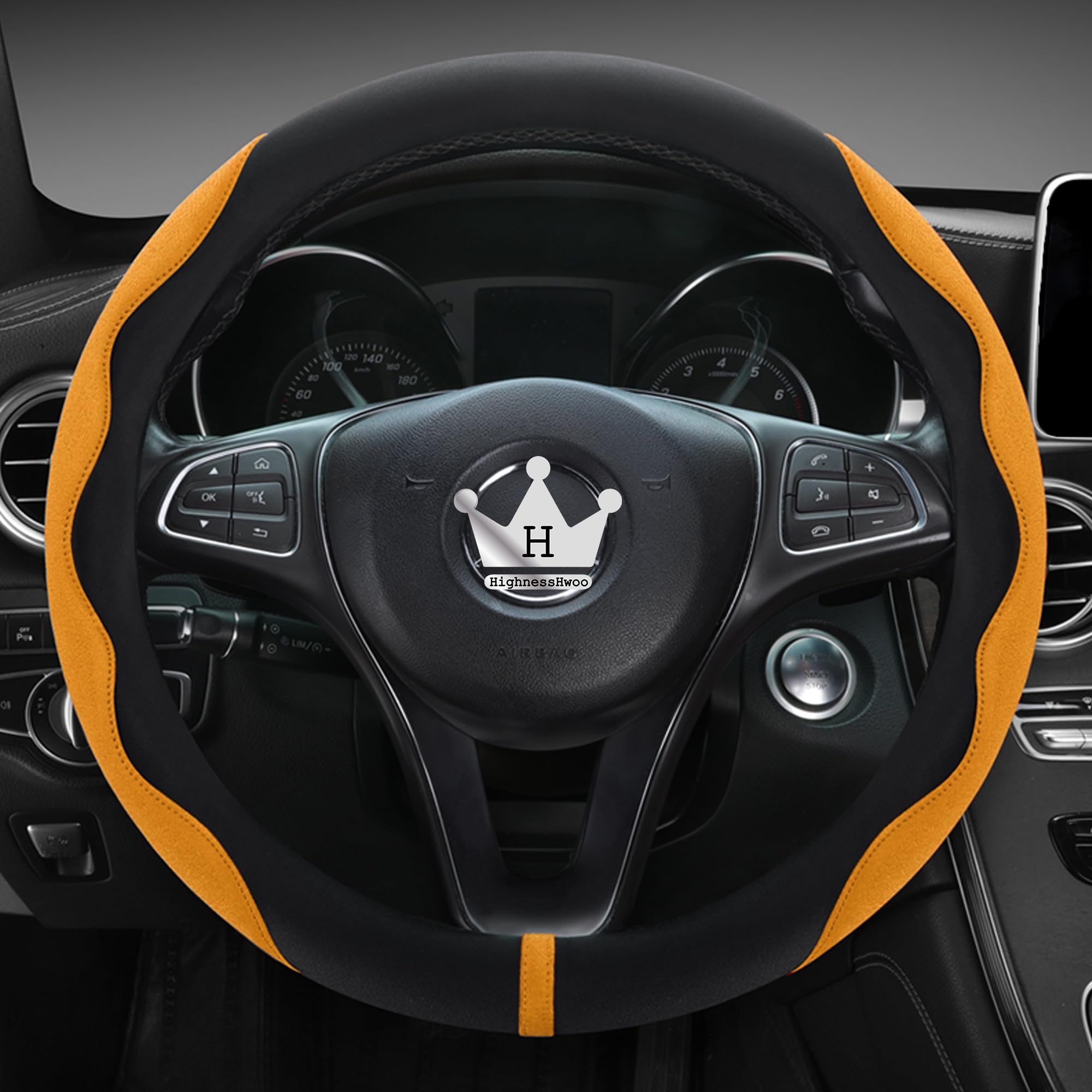 Luxury Suede & Leather Steering Wheel Cover - Ultra-Thin Anti-Slip Grip (Universal Fit 14.5" - 15") Orange+Black Orange_Black_Standard_Size_14.75-15.15__37.5-38.5cm__01_1
