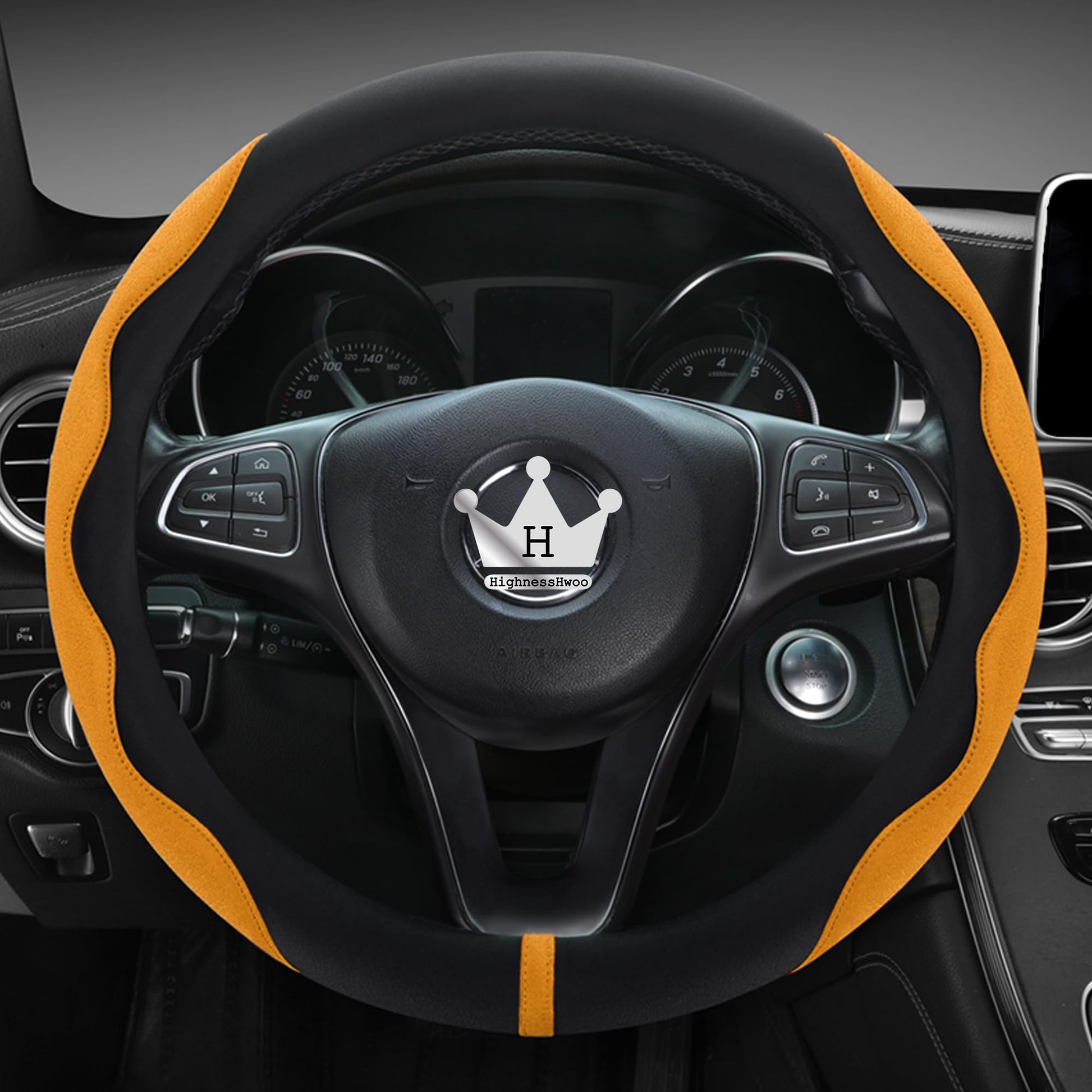 Luxury Suede & Leather Steering Wheel Cover - Ultra-Thin Anti-Slip Grip (Universal Fit 14.5" - 15") Orange+Black Orange_Black_Standard_Size_14.75-15.15__37.5-38.5cm__01_1