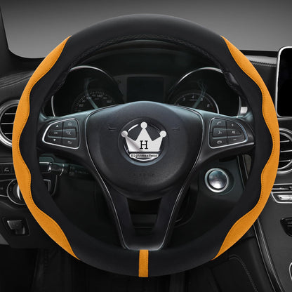 Luxury Suede & Leather Steering Wheel Cover - Ultra-Thin Anti-Slip Grip (Universal Fit 14.5" - 15") Orange+Black Orange_Black_Standard_Size_14.75-15.15__37.5-38.5cm__01_1