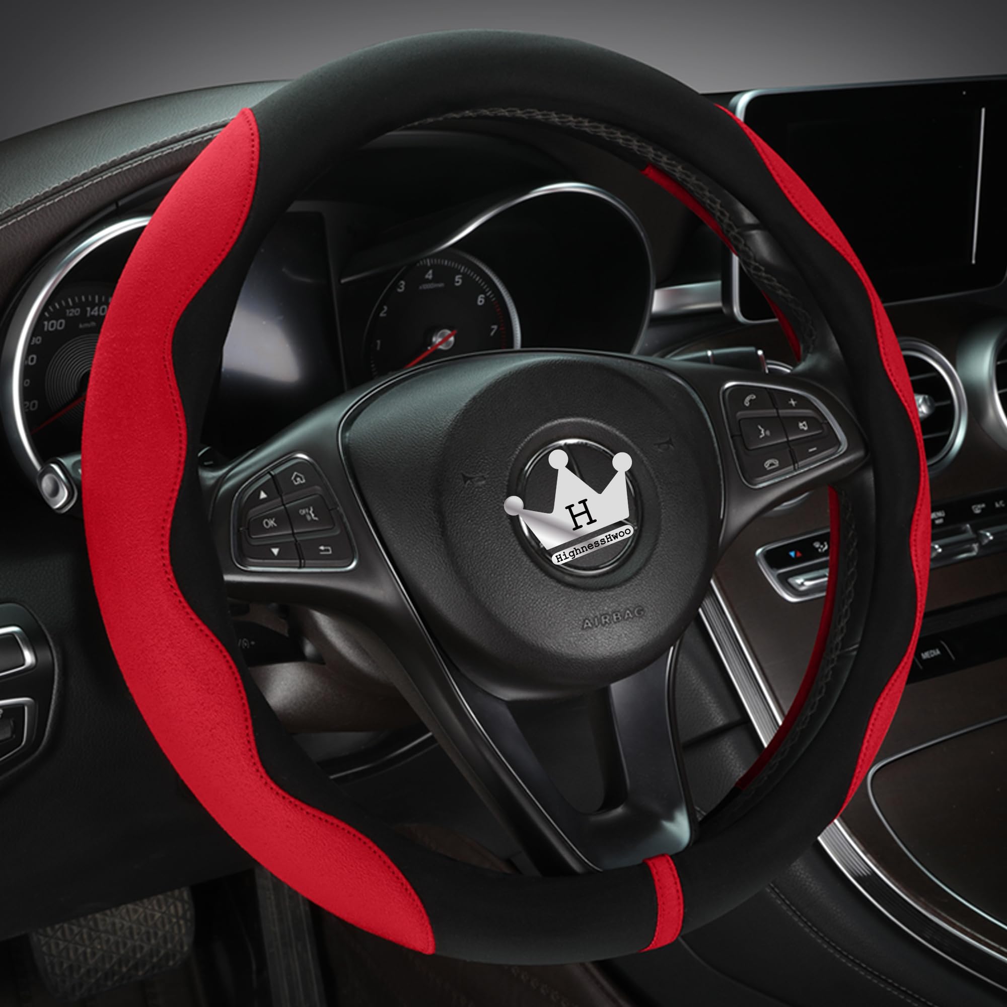 Luxury Suede & Leather Steering Wheel Cover - Ultra-Thin Anti-Slip Grip (Universal Fit 14.5" - 15") Red+Black Red_Black_Large_Size_15.2-16__38.6-40.5cm__01_1
