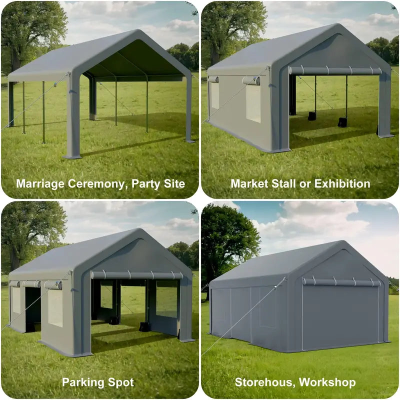 13x20ft Heavy Duty Carport, Portable Garage with 4 Roll-up Doors & 4 Ventilated Windows, b1393acc-e4ff-4f03-8735-565710cf8552