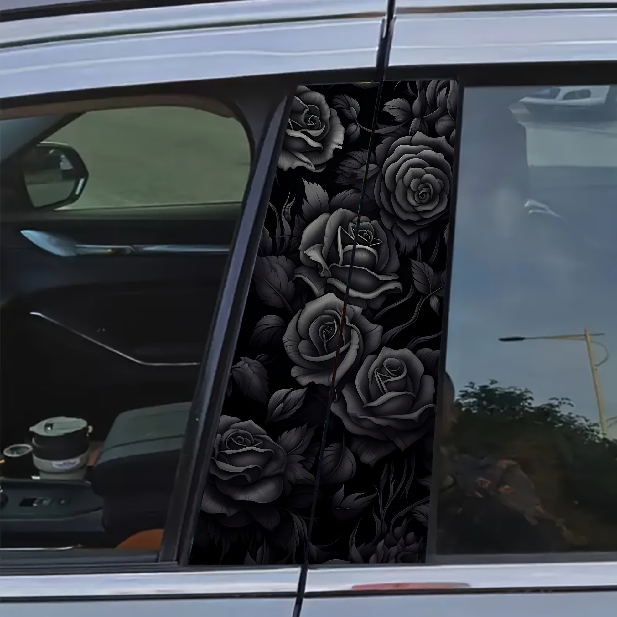 2pcs Black Rose  B-Pillar Stickers, Vinyl, Matte, No Glue Marks, Scratch- And Waterproof, Self-Adhesive