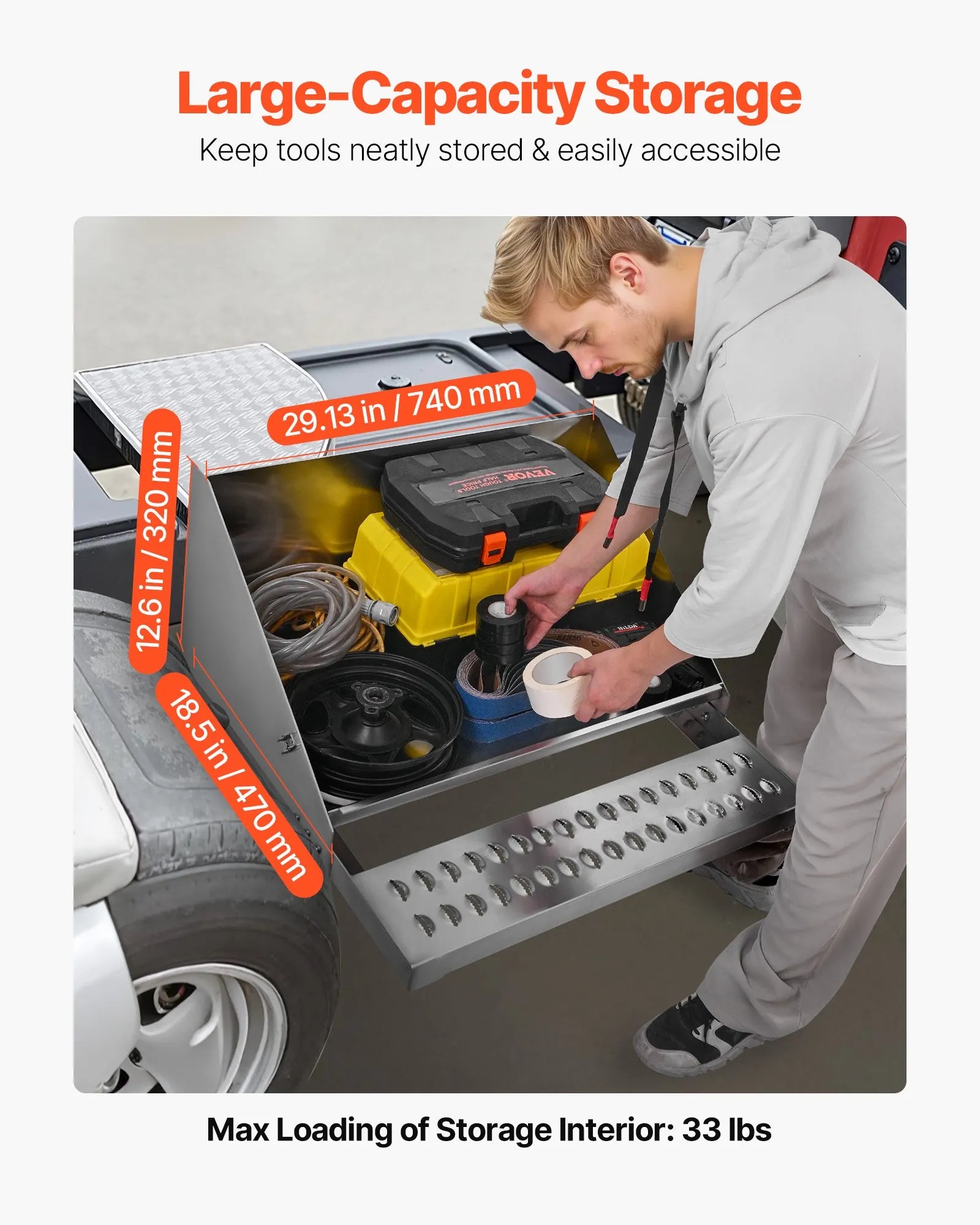Semi-Truck Step Tool Box, 31" x 30" x 19" Heavy-Duty Aluminum Diamond Plate Toolbox, Waterproof Cab Entry Step Storage Box with Shock-Absorbing Latch for Flatbed, Crane, and Semi Trucks