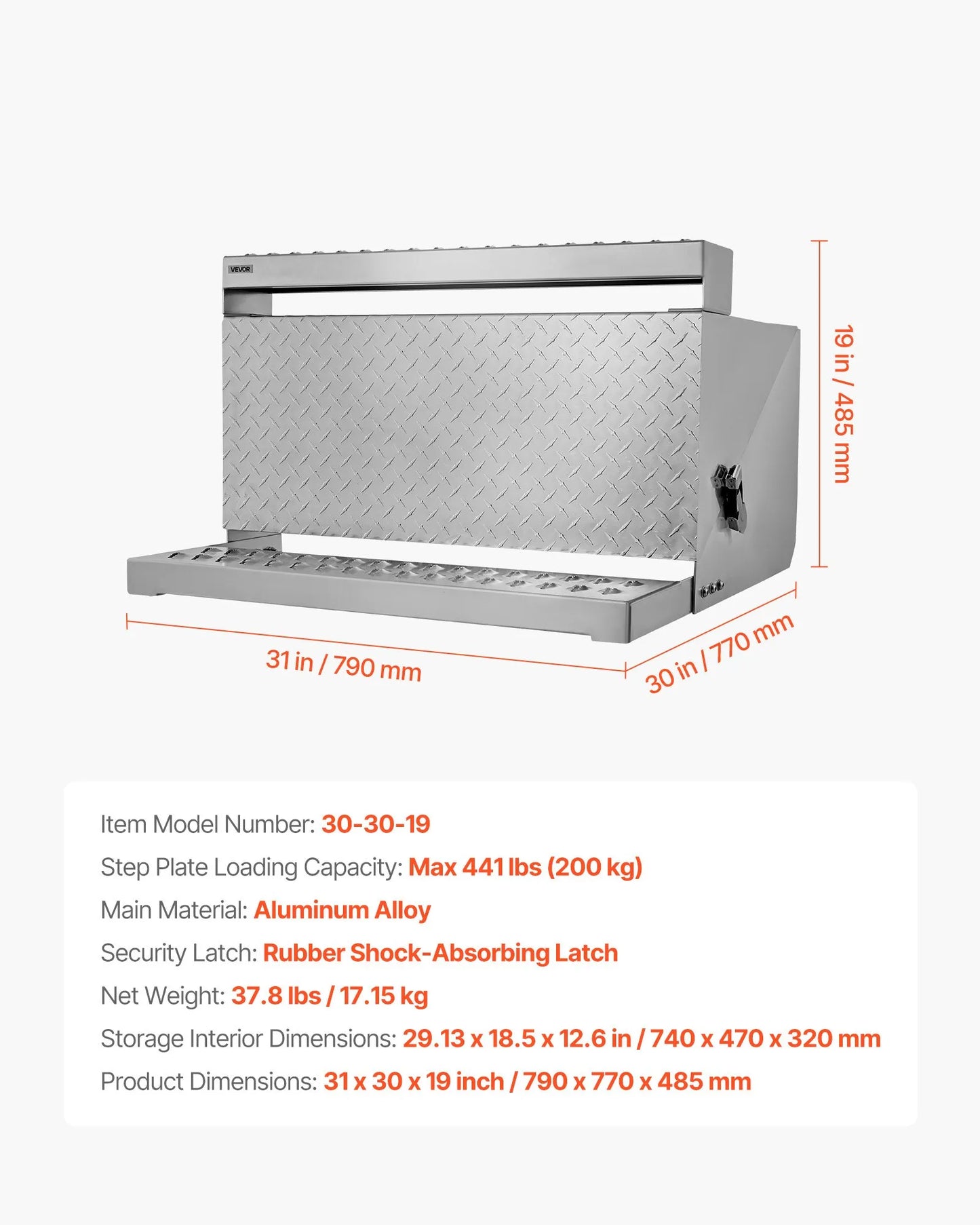 Semi-Truck Step Tool Box, 31" x 30" x 19" Heavy-Duty Aluminum Diamond Plate Toolbox, Waterproof Cab Entry Step Storage Box with Shock-Absorbing Latch for Flatbed, Crane, and Semi Trucks