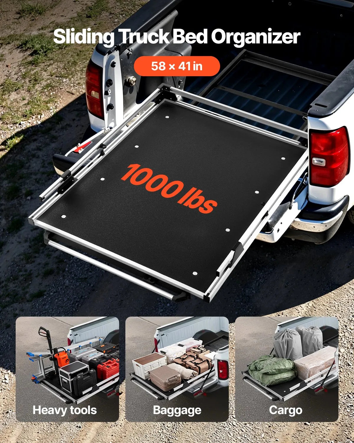 Sliding Truck Bed Organizer, 58 x 41 Inch Heavy-Duty Truck Bed Storage Drawer with 1000 lbs Capacity, 6 Movable Rings for Cargo Securing, 2-Position Slide-Out Tray for Pickup Trucks
