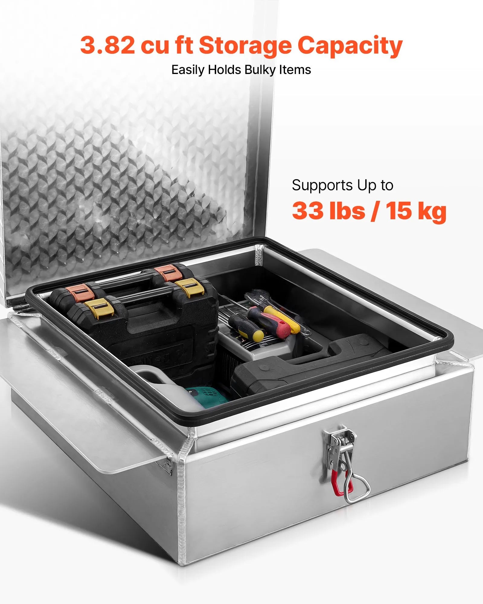 Truck Bed Tool Box, Heavy-Duty Aluminum Chest Toolbox with Diamond Plate, Storage Organizer Supports Up to 220 lbs, Ideal for Pickup Trucks, RVs, and Trailers, 30.3 x 24 x 9 in
