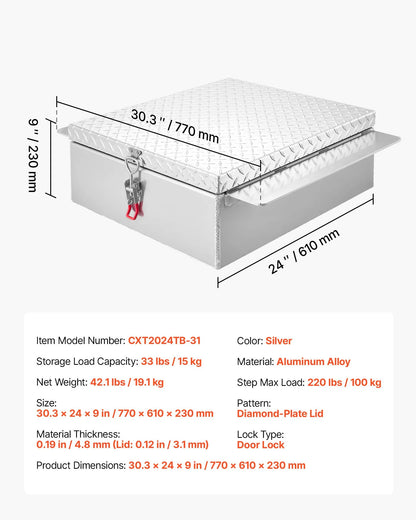 Truck Bed Tool Box, Heavy-Duty Aluminum Chest Toolbox with Diamond Plate, Storage Organizer Supports Up to 220 lbs, Ideal for Pickup Trucks, RVs, and Trailers, 30.3 x 24 x 9 in