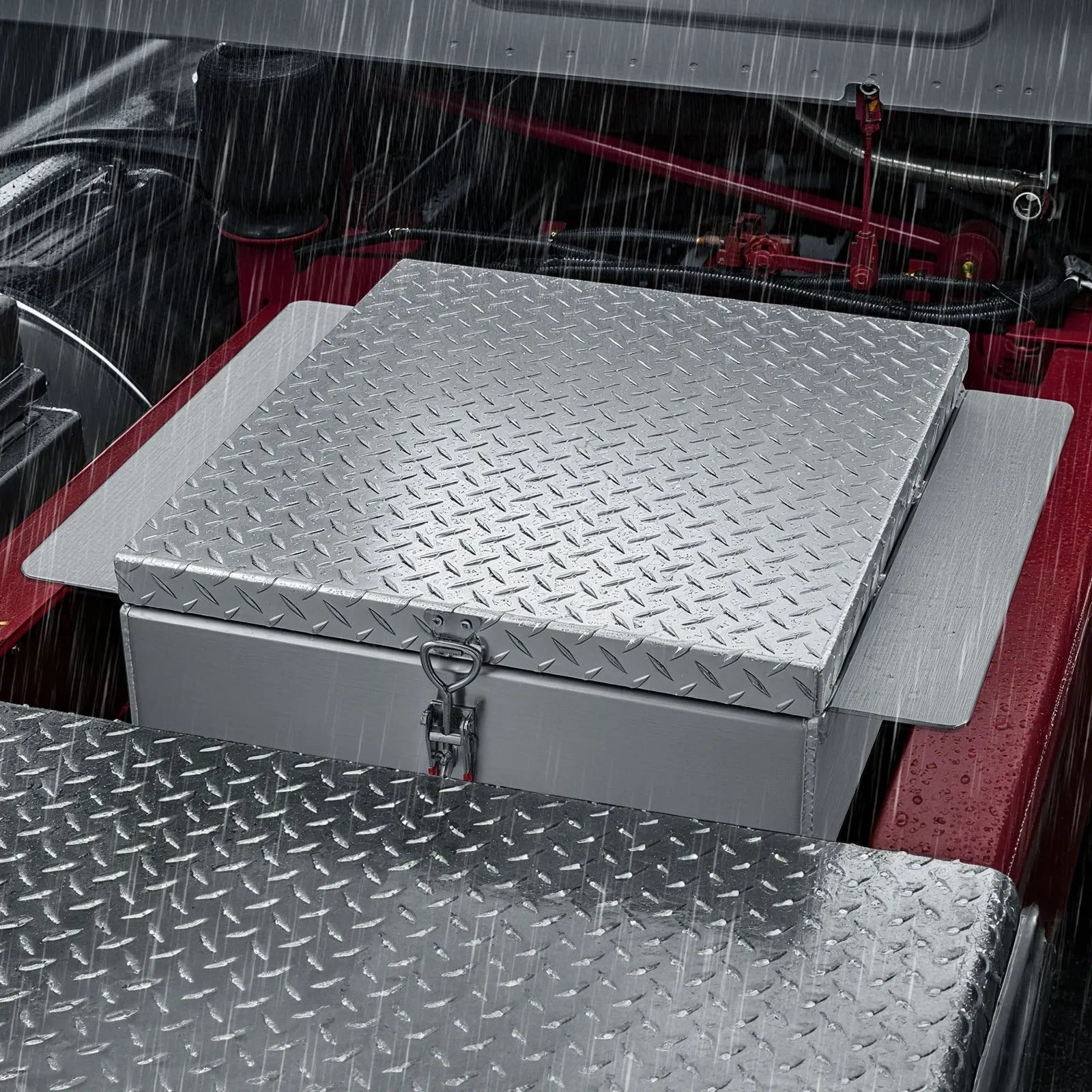 Truck Bed Tool Box, Heavy-Duty Aluminum Chest Toolbox with Diamond Plate, Storage Organizer Supports Up to 220 lbs, Ideal for Pickup Trucks, RVs, and Trailers, 30.3 x 24 x 9 in