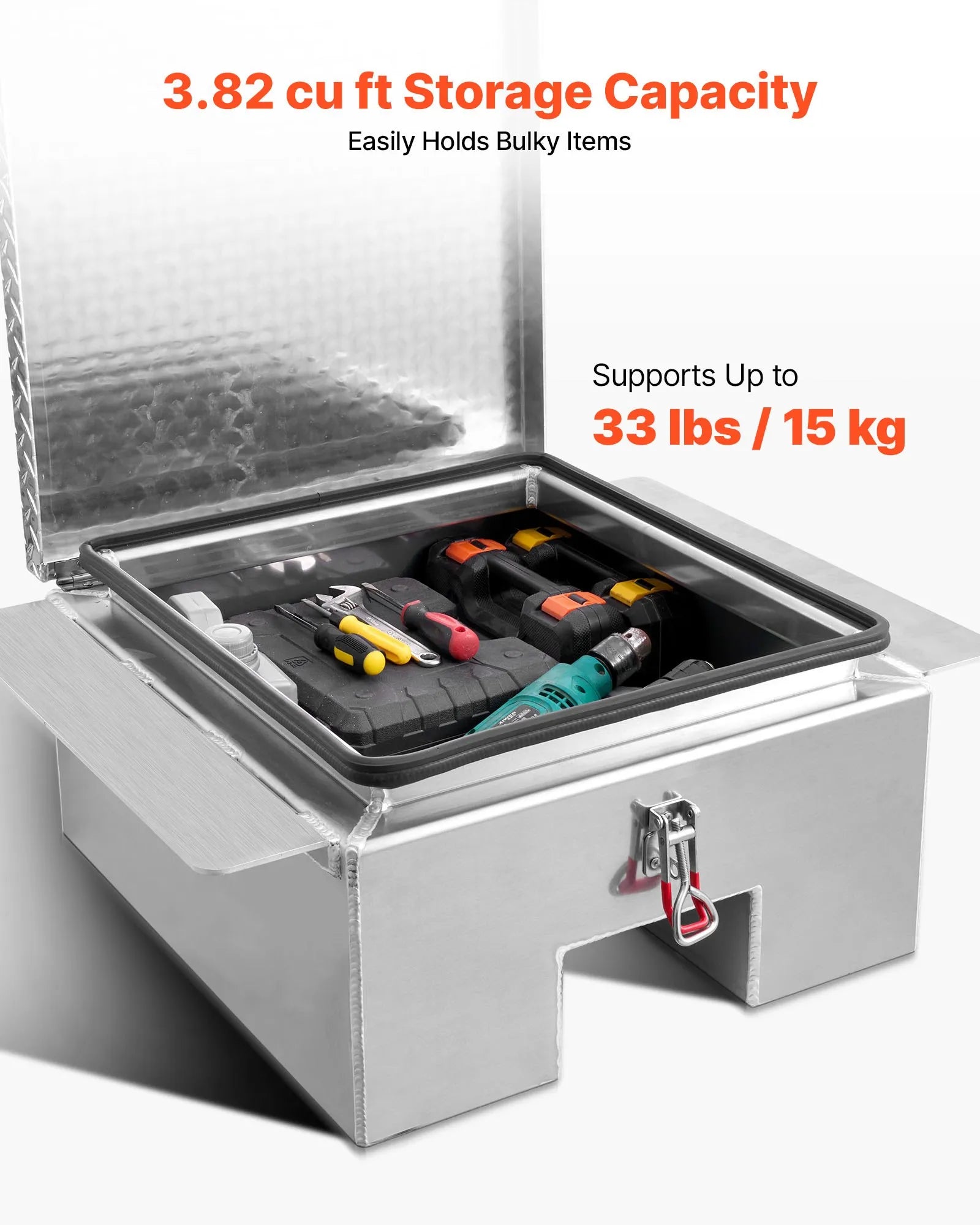 Truck Bed Tool Box, Heavy-Duty Aluminum Chest Toolbox with Diamond Plate, Storage Organizer Supports Up to 220 lbs, Ideal for Pickup Trucks, RVs, and Trailers, 30.3 x 24 x 12.2 in