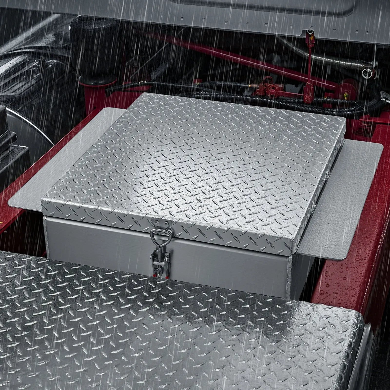Truck Bed Tool Box, Heavy-Duty Aluminum Chest Toolbox with Diamond Plate, Storage Organizer Supports Up to 220 lbs, Ideal for Pickup Trucks, RVs, and Trailers, 30.3 x 24 x 12.2 in