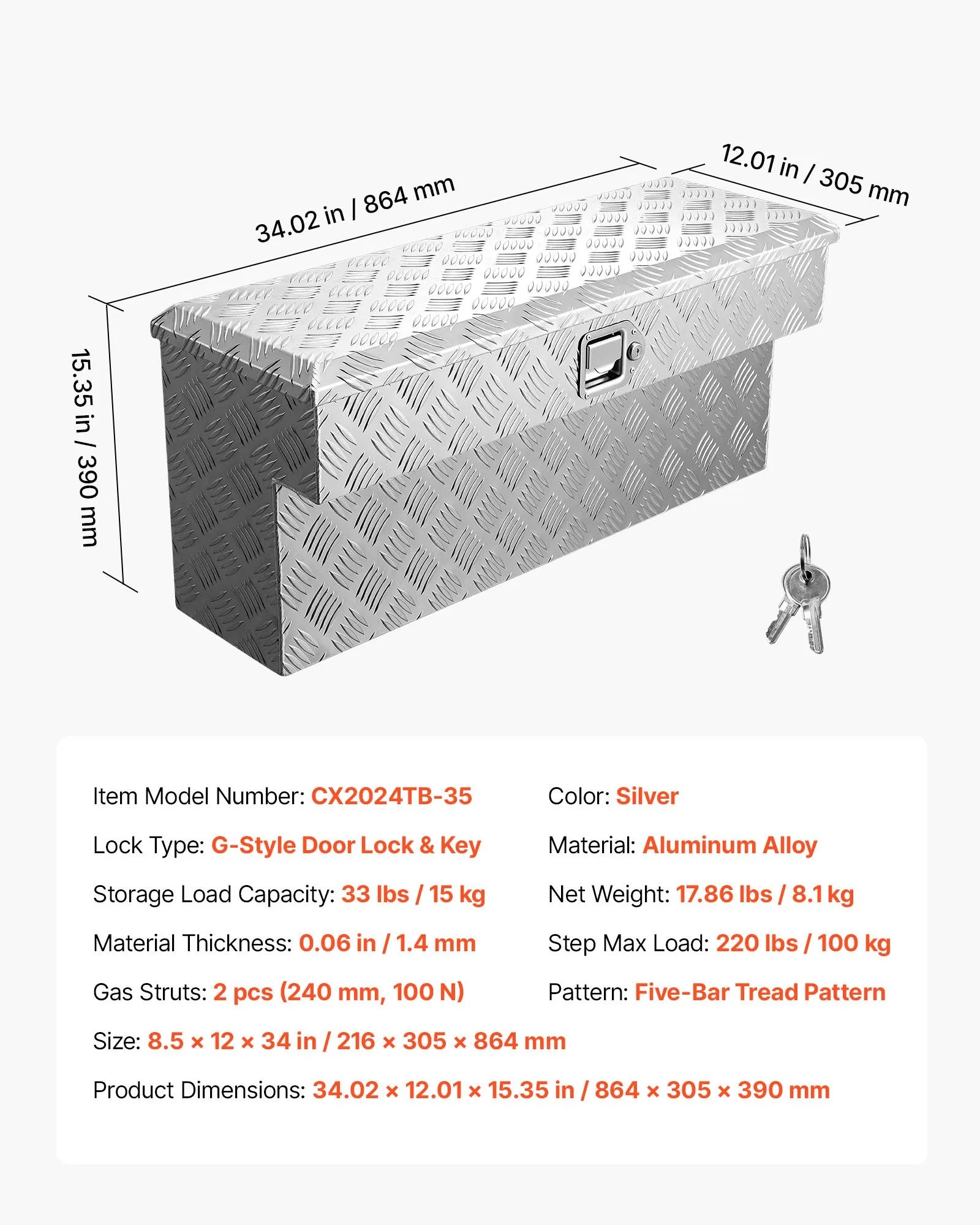 Truck Bed Side Tool Box, Heavy-Duty Aluminum Step Toolbox with Tread Pattern, Storage Chest Organizer with Lock and Key, Ideal for Pickup Trucks, RVs, and Trailers, 34 x 12 x 15.4 in