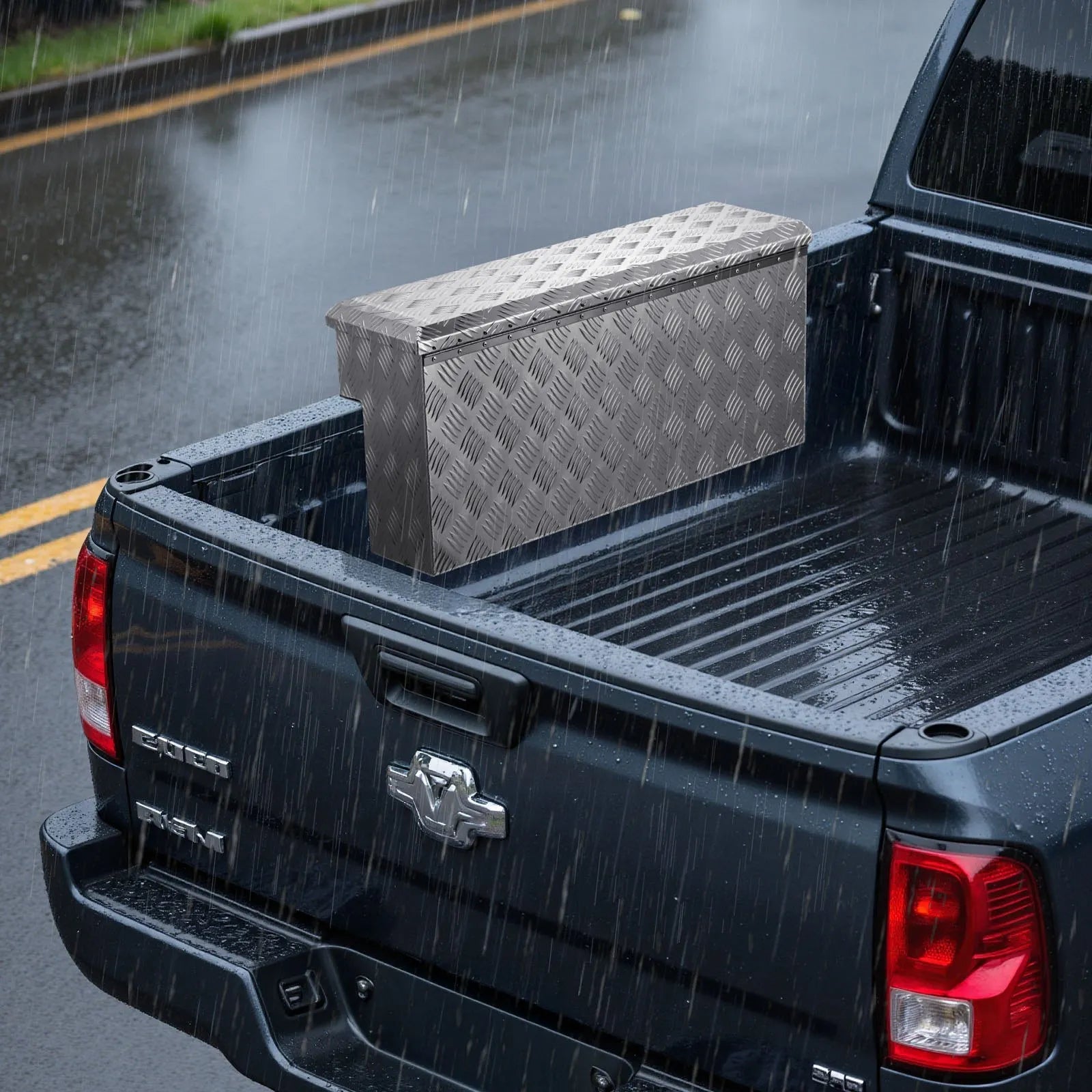 Truck Bed Side Tool Box, Heavy-Duty Aluminum Step Toolbox with Tread Pattern, Storage Chest Organizer with Lock and Key, Ideal for Pickup Trucks, RVs, and Trailers, 34 x 12 x 15.4 in