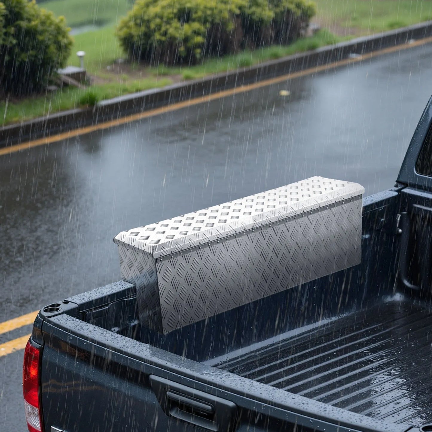 Truck Bed Tool Box, Heavy-Duty Aluminum Toolbox with Tread Pattern, Storage Chest Organizer with Lock and Key, Ideal for Pickup Trucks, RVs, and Trailers, 48 x 13.4 x 13 in