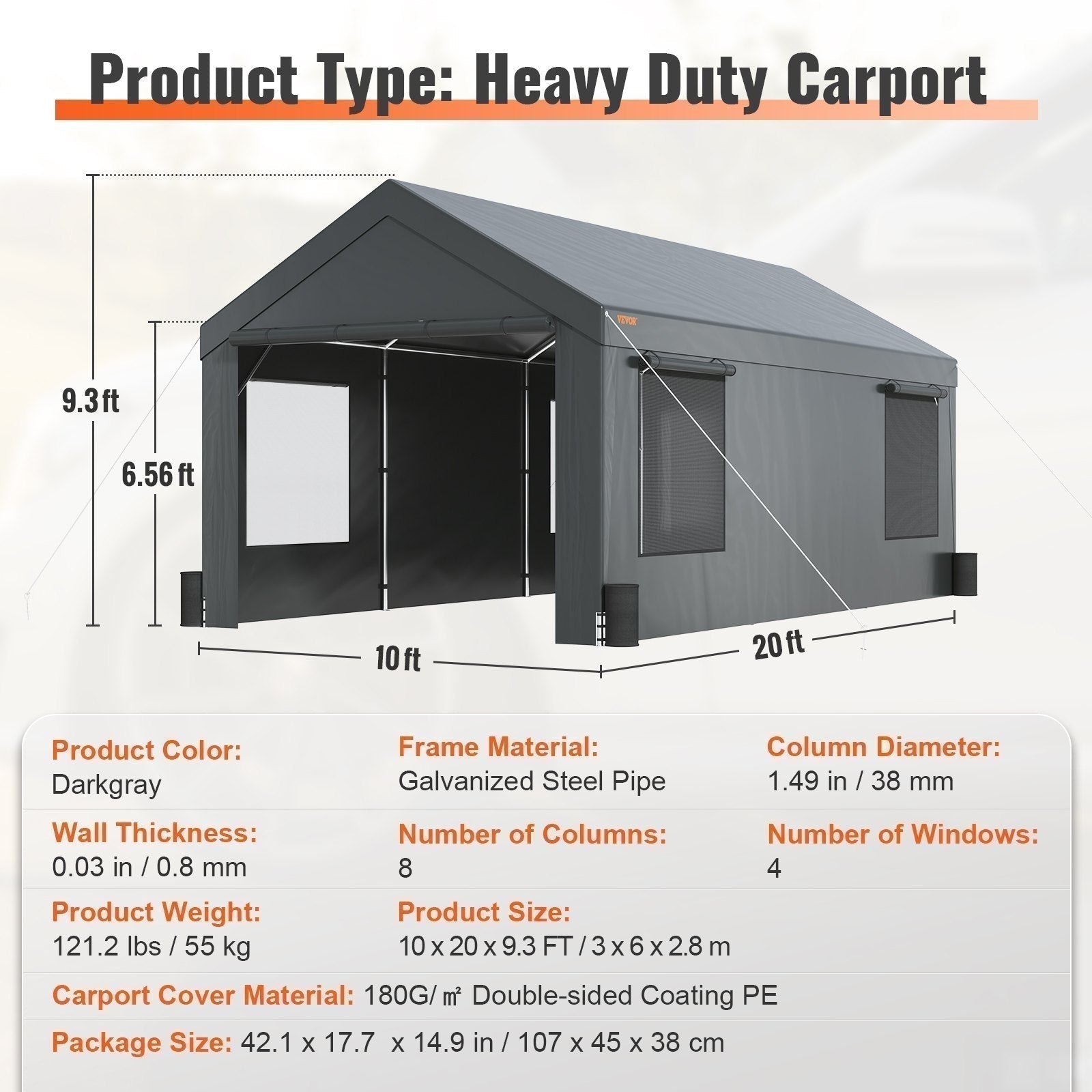 Heavy Duty 10x20ft Car Canopy, Outdoor Garage Shelter with Removable Sidewalls, Roll-up Ventilated Windows & Doors, UV Resistant Waterproof All-Season us_FBSJS810X20FT5MK7V0_original_img-v3_car-canopy-f6