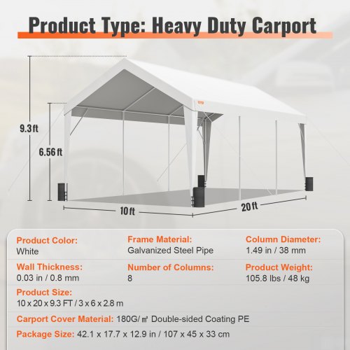 Carport, 10x20 ft Heavy Duty Car Canopy Garage Boat Shelter Party Tent with 8 Reinforced Poles and 4 Weight Bags us_KFSJS810X20FT3BYUV0_goods_img-v2_car-canopy-f6