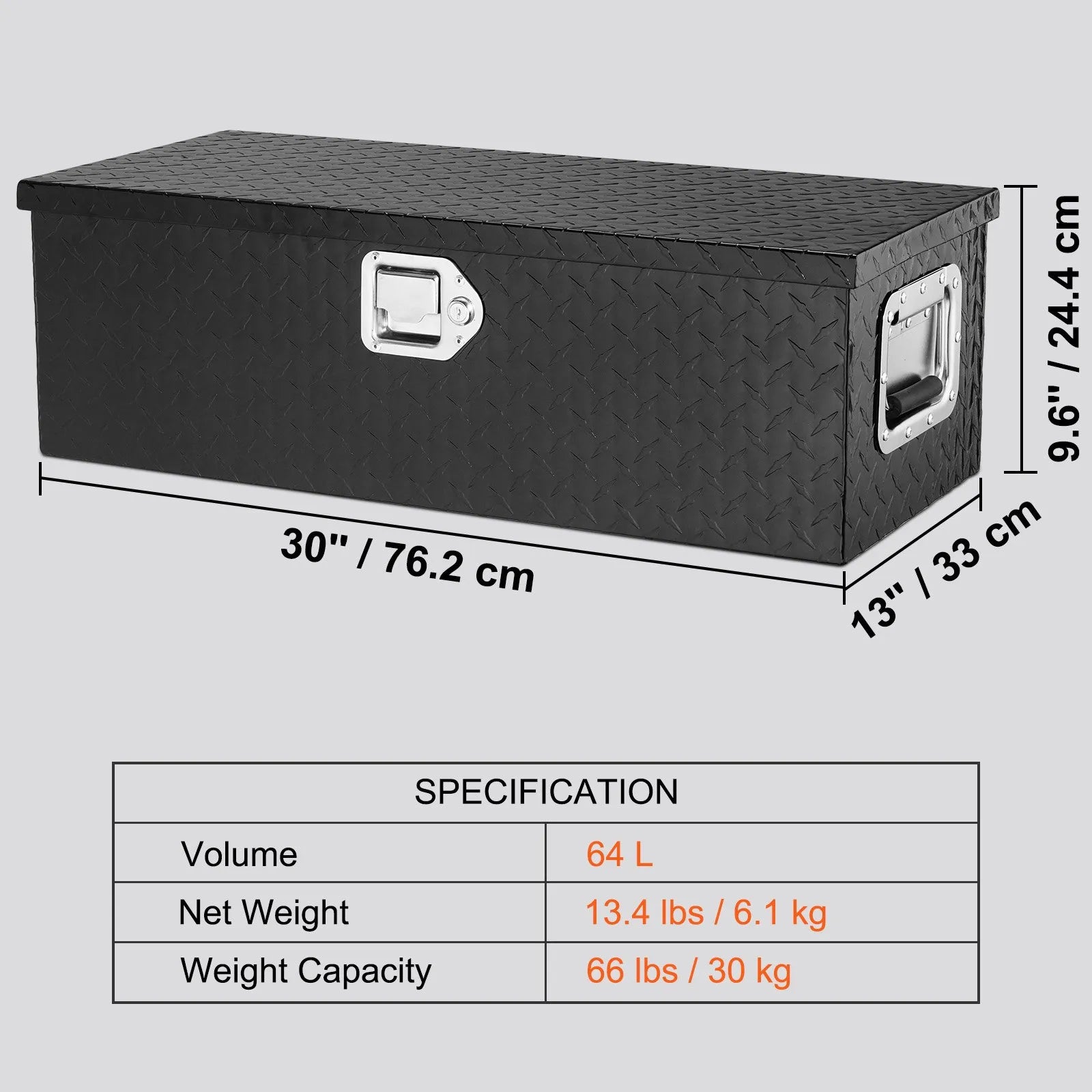 Heavy-Duty Aluminum Truck Bed Tool Box, Diamond Plate Toolbox with Side Handle and Lock Keys, Storage Chest Organizer for Pickup Truck, RV, and Trailer, 30 x 13 x 9.6 in