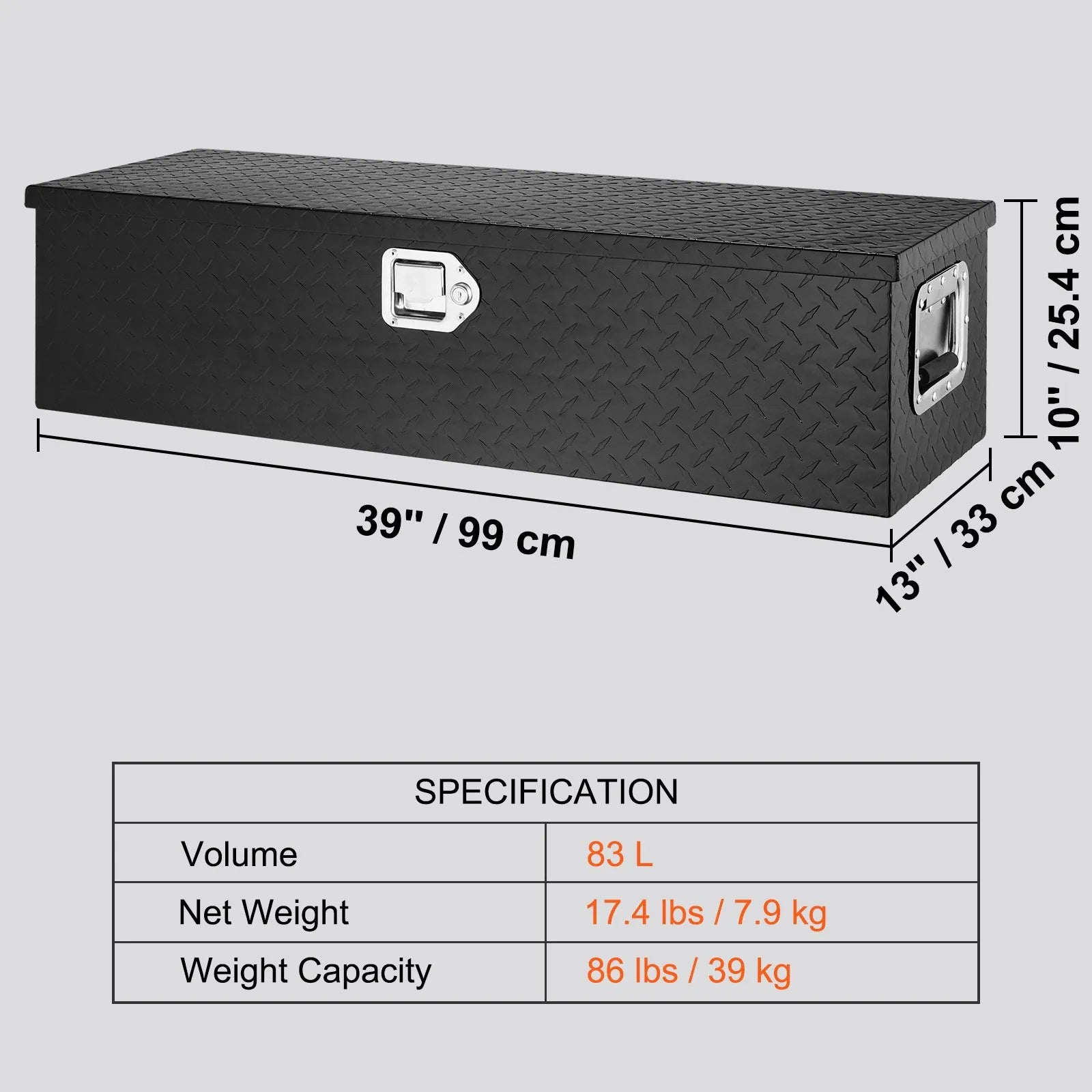Heavy-Duty Aluminum Truck Bed Tool Box, Diamond Plate Toolbox with Side Handle and Lock Keys, Storage Chest Organizer for Pickup Truck, RV, and Trailer, 39 x 13 x 10 in