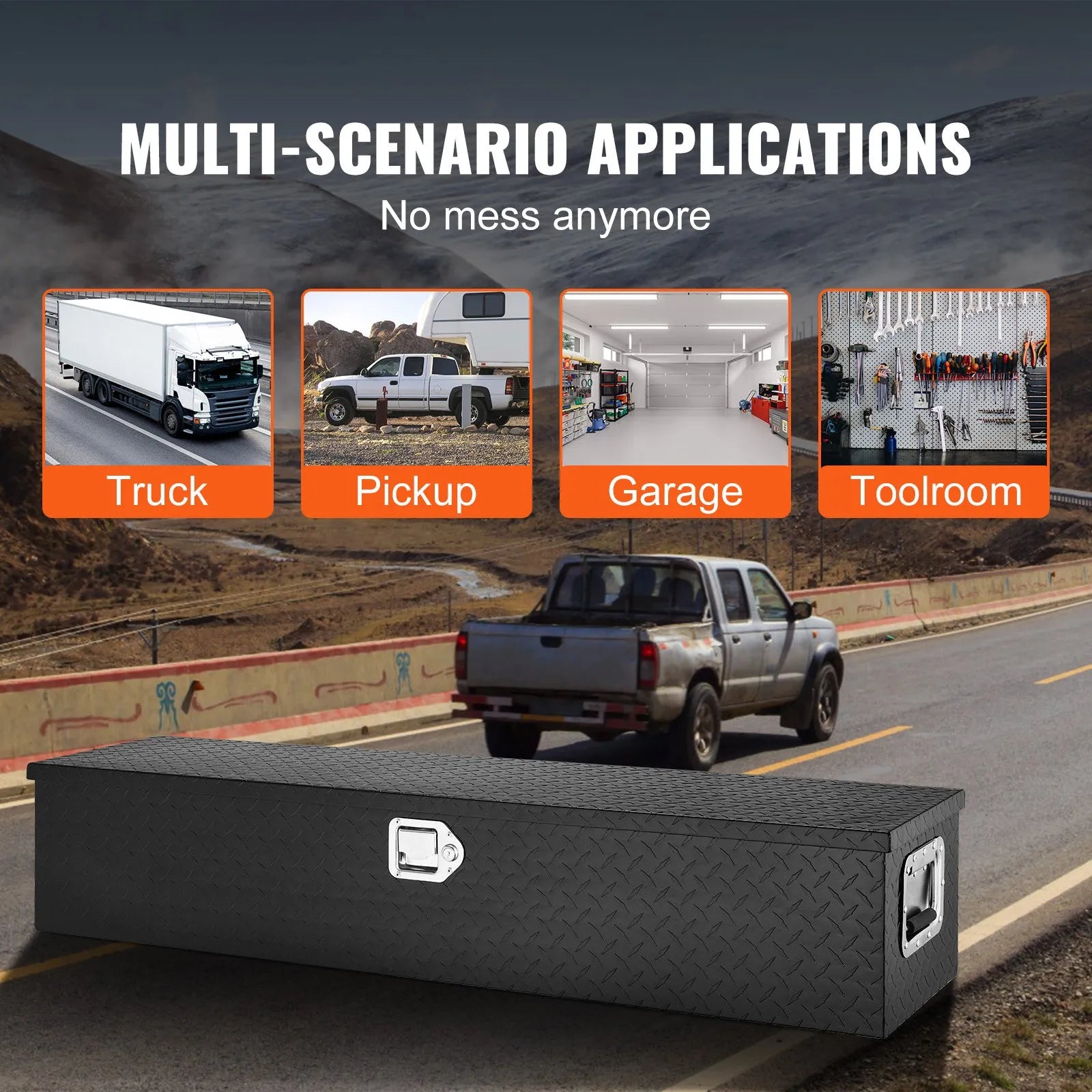 Heavy-Duty Aluminum Truck Bed Tool Box, Diamond Plate Toolbox with Side Handle and Lock Keys, Storage Chest Organizer for Pickup Truck, RV, and Trailer, 48 x 15 x 15 in