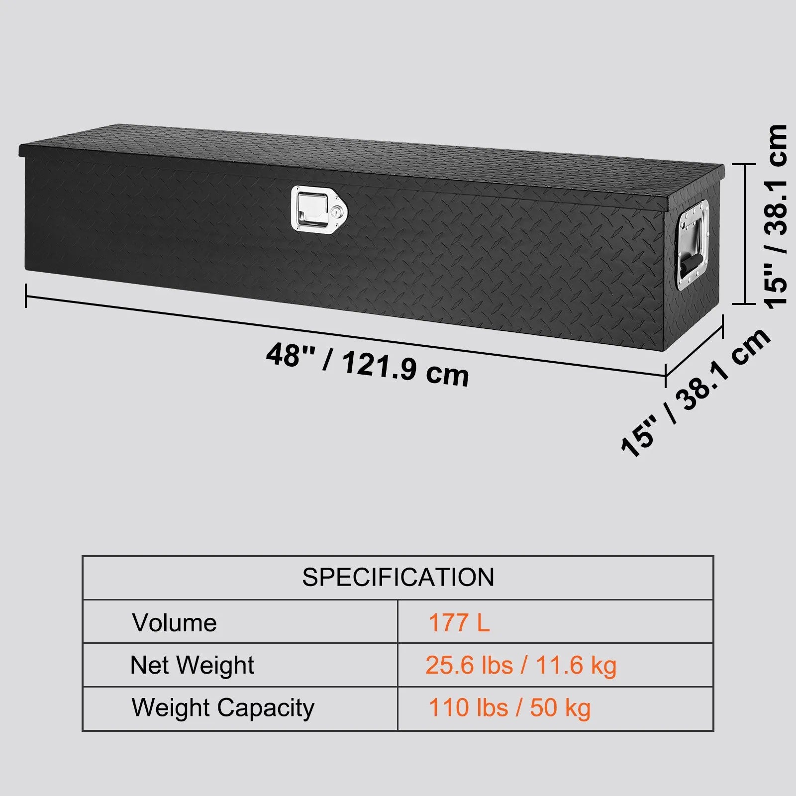 Heavy-Duty Aluminum Truck Bed Tool Box, Diamond Plate Toolbox with Side Handle and Lock Keys, Storage Chest Organizer for Pickup Truck, RV, and Trailer, 48 x 15 x 15 in