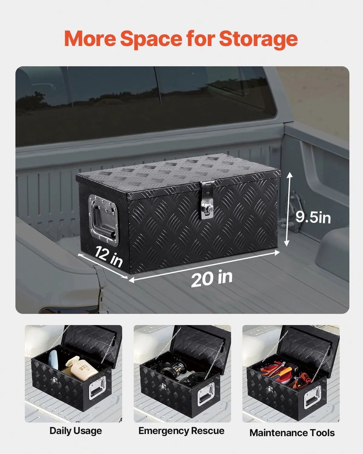 Heavy-Duty Aluminum Truck Bed Tool Box, Stripe Plated Toolbox with Side Handle, Dual Chain Lid and Lock Keys, Storage Chest Organizer for Trailer, Pickup Truck, RV, and Garage, 20 x 12 x 9.5 in