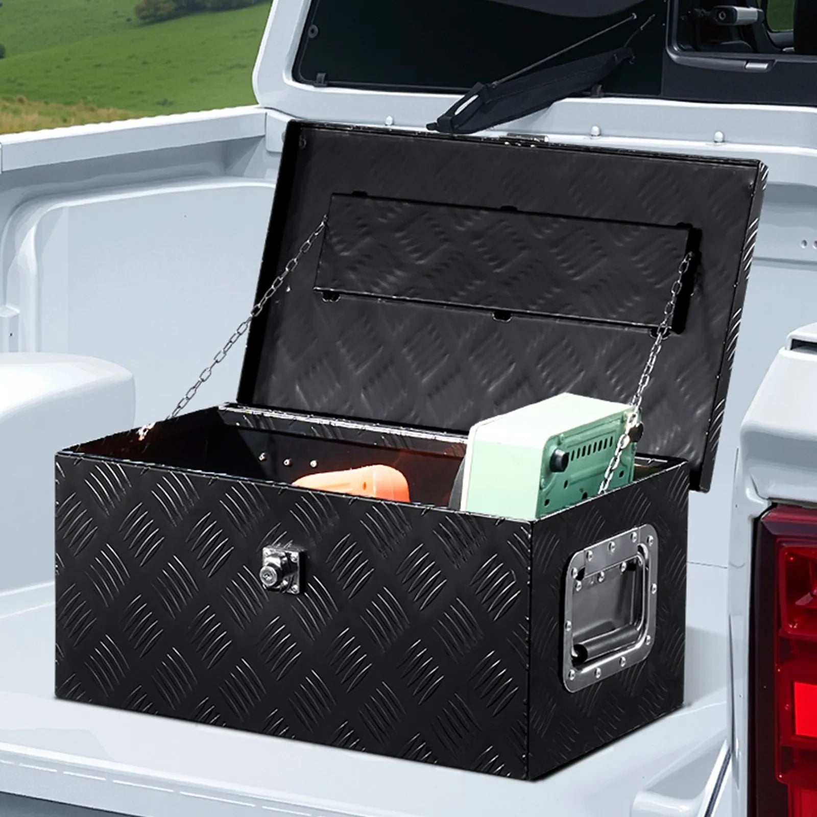 Heavy-Duty Aluminum Truck Bed Tool Box, Stripe Plated Toolbox with Side Handle, Dual Chain Lid and Lock Keys, Storage Chest Organizer for Trailer, Pickup Truck, RV, and Garage, 20 x 12 x 9.5 in