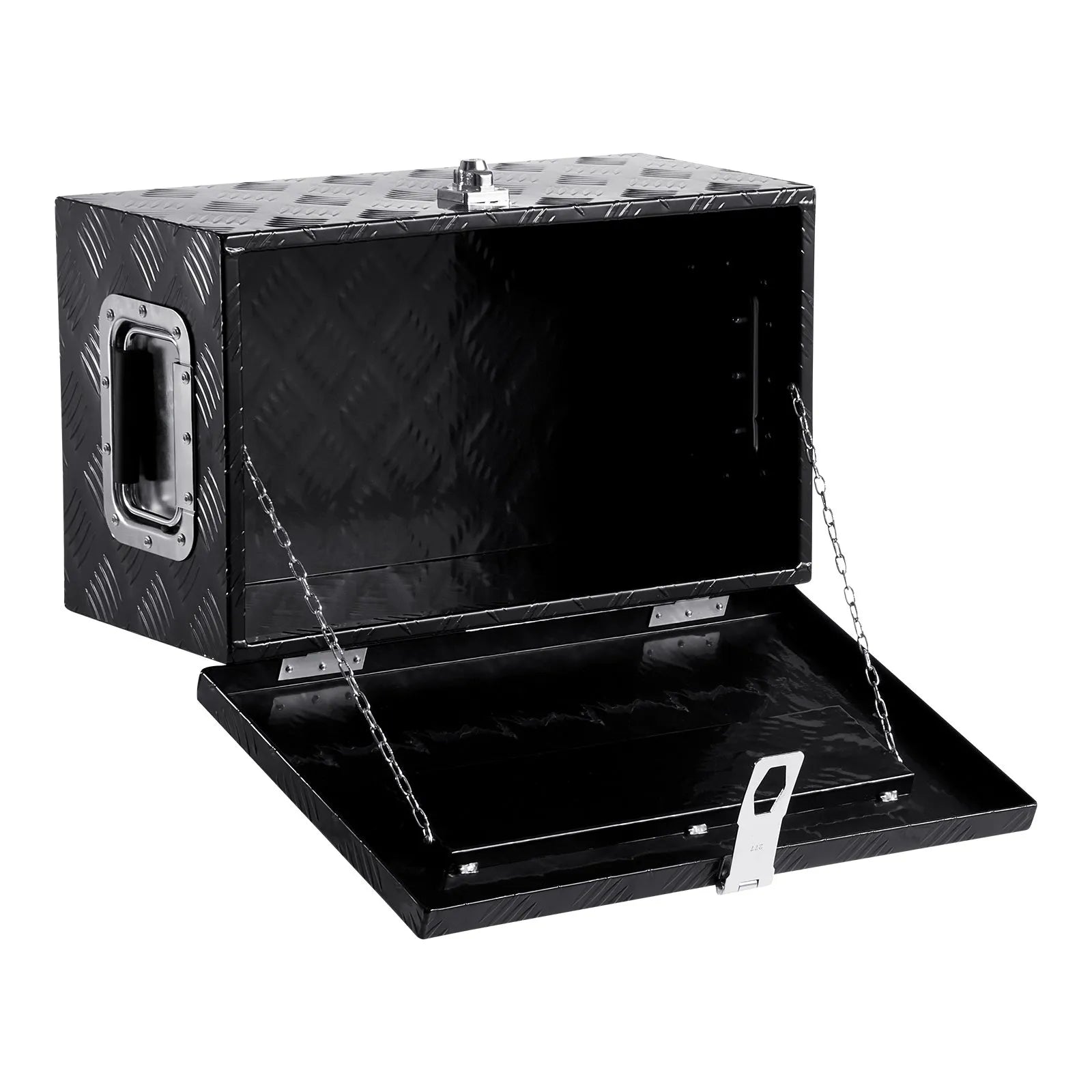 Heavy-Duty Aluminum Truck Bed Tool Box, Stripe Plated Toolbox with Side Handle, Dual Chain Lid and Lock Keys, Storage Chest Organizer for Trailer, Pickup Truck, RV, and Garage, 20 x 12 x 9.5 in