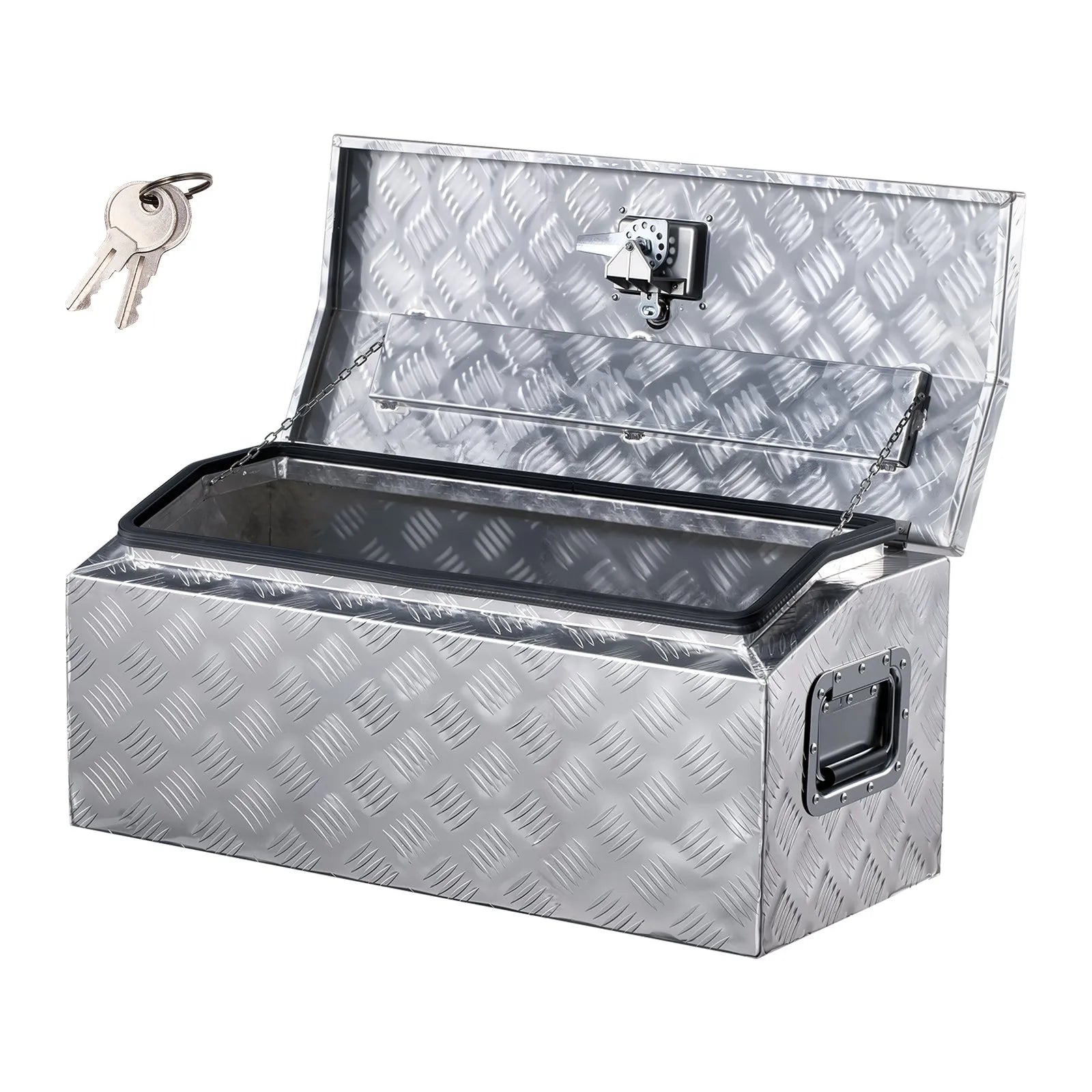 Heavy-Duty Aluminum Truck Bed Tool Box, Stripe Plated Toolbox with Side Handle, Dual Chain Lid and Lock Keys, Storage Chest Organizer for Trailer, Pickup Truck, RV, and Garage, 20 x 12 x 9.5 in