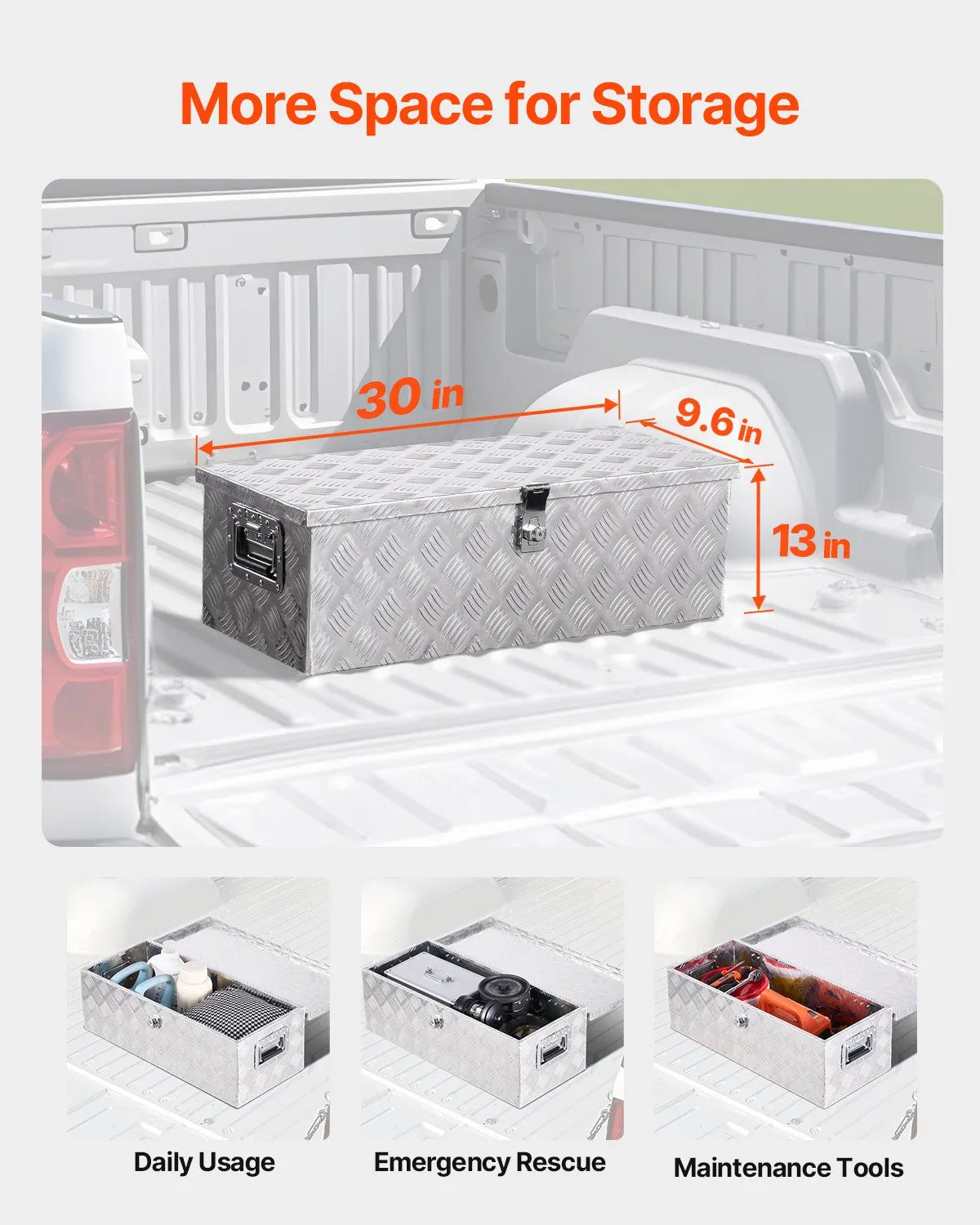 Heavy-Duty Aluminum Truck Bed Tool Box, Stripe Plated Toolbox with Side Handle and Lock Keys, Storage Chest Organizer for Trailer, Pickup Truck, RV, and Garage, 30 x 13 x 9.6 in