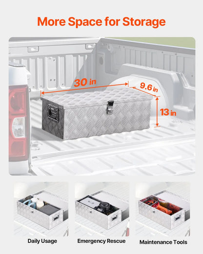 Heavy-Duty Aluminum Truck Bed Tool Box, Stripe Plated Toolbox with Side Handle and Lock Keys, Storage Chest Organizer for Trailer, Pickup Truck, RV, and Garage, 30 x 13 x 9.6 in