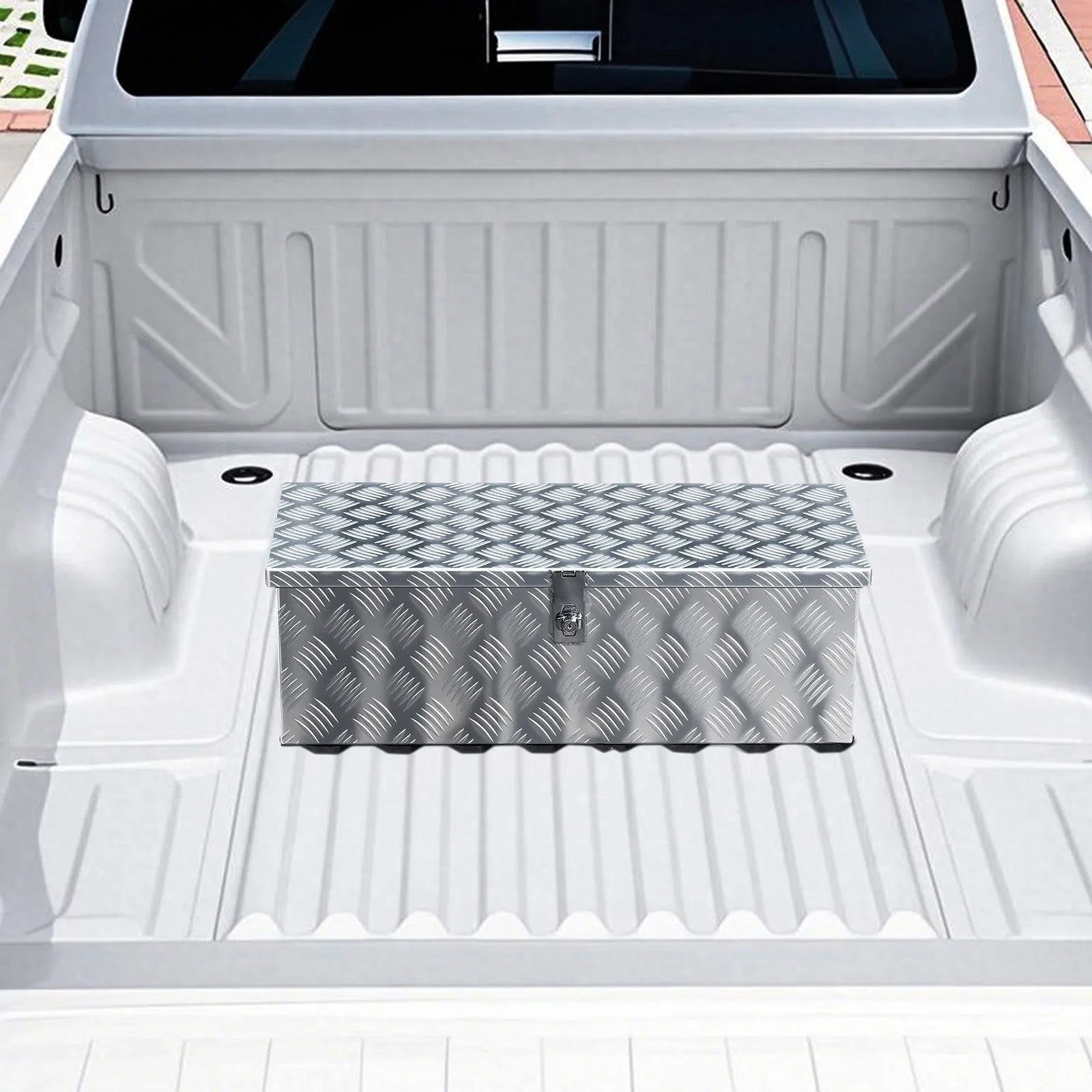 Heavy-Duty Aluminum Truck Bed Tool Box, Stripe Plated Toolbox with Side Handle and Lock Keys, Storage Chest Organizer for Trailer, Pickup Truck, RV, and Garage, 30 x 13 x 9.6 in
