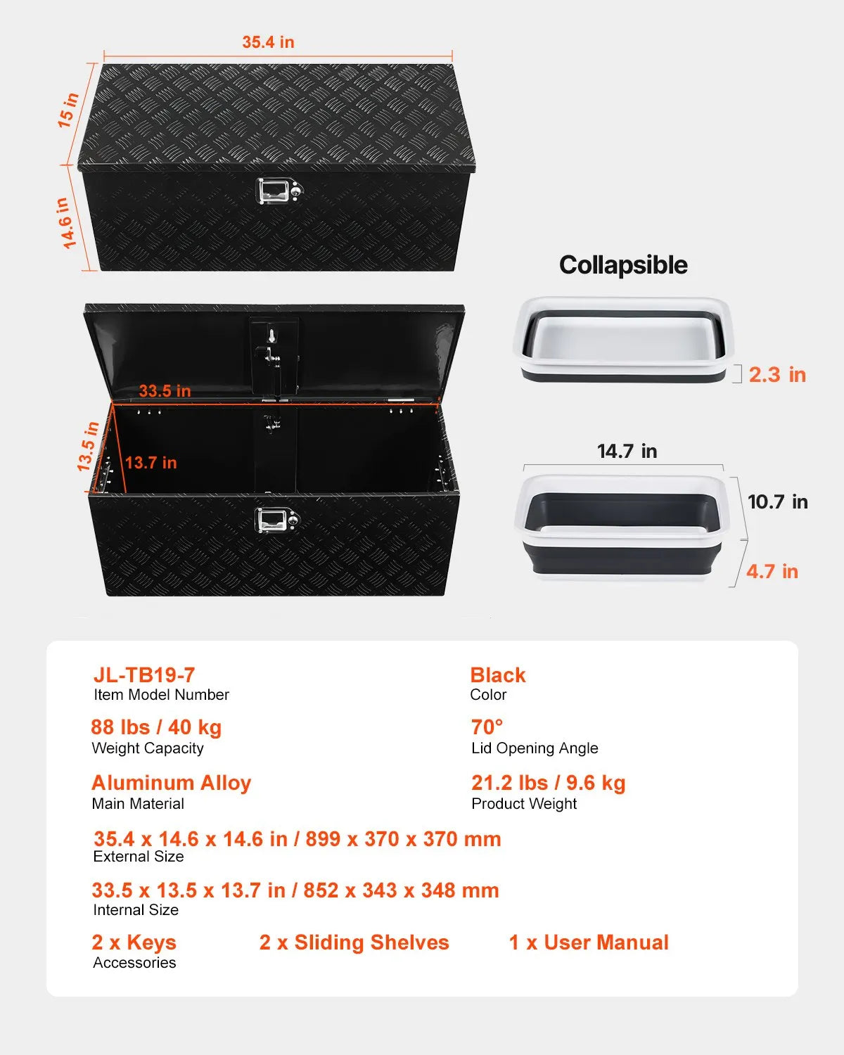 Heavy-Duty Aluminum Truck Bed Tool Box, Stripe Plated Toolbox with Sliding Shelf, Side Handle, Embedded Lock and Keys, Storage Chest Organizer for Trailer, Pickup Truck, RV, and Garage, 35.4 x 14.6 x 14.6 in