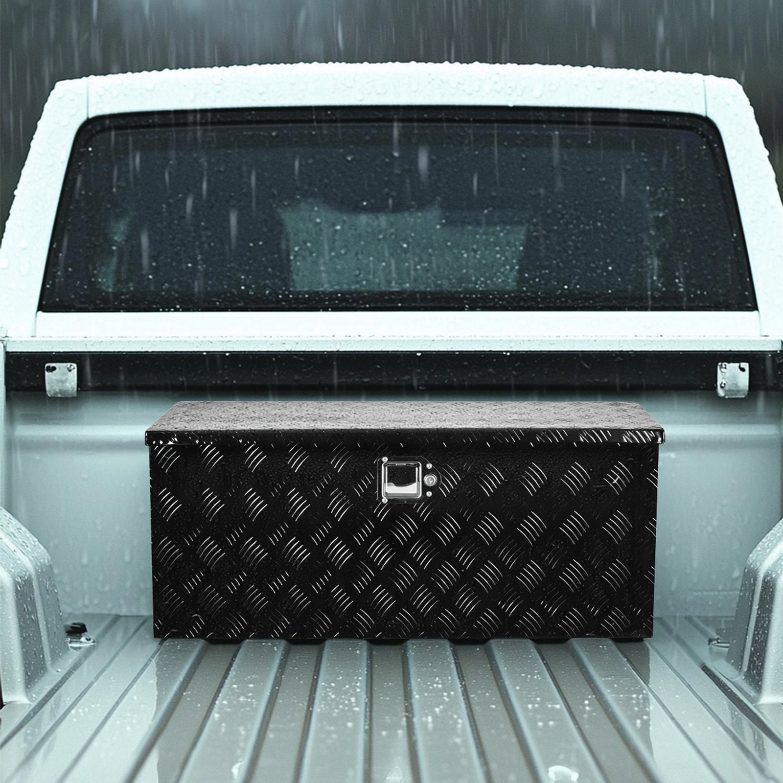 Heavy-Duty Aluminum Truck Bed Tool Box, Stripe Plated Toolbox with Sliding Shelf, Side Handle, Embedded Lock and Keys, Storage Chest Organizer for Trailer, Pickup Truck, RV, and Garage, 35.4 x 14.6 x 14.6 in