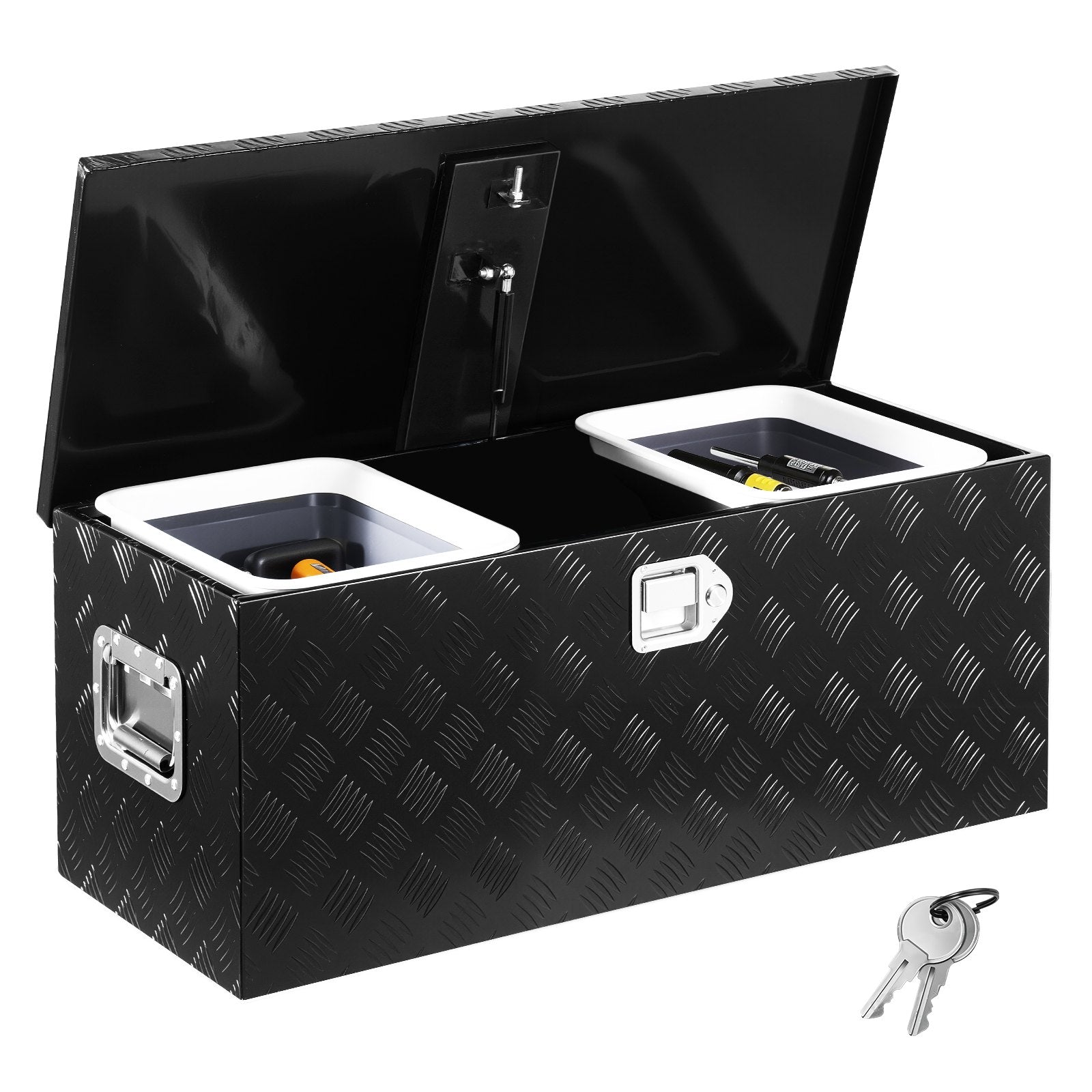 Heavy-Duty Aluminum Truck Bed Tool Box, Stripe Plated Toolbox with Sliding Shelf, Side Handle, Embedded Lock and Keys, Storage Chest Organizer for Trailer, Pickup Truck, RV, and Garage, 35.4 x 14.6 x 14.6 in