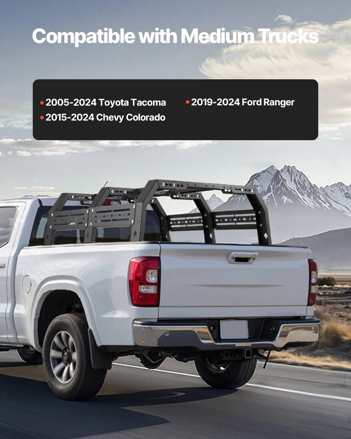 Overland Truck Bed Rack, 51.2-65.4 in Adjustable Width, Heavy-Duty Cargo Rack with Sidebar, 900 lbs Static Capacity, Compatible with Mid-Size Trucks Tacoma, Ranger, Gladiator JT, and Colorado