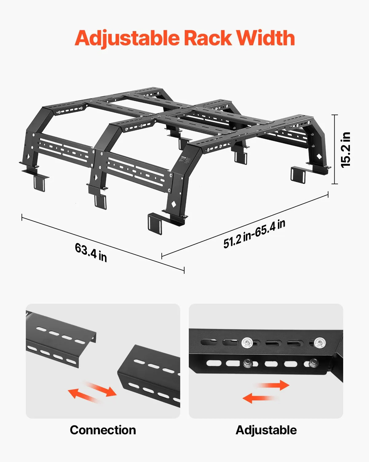 Overland Truck Bed Rack, 51.2-65.4 in Adjustable Width, Heavy-Duty Cargo Rack with Sidebar, 900 lbs Static Capacity, Compatible with Mid-Size Trucks Tacoma, Ranger, Gladiator JT, and Colorado