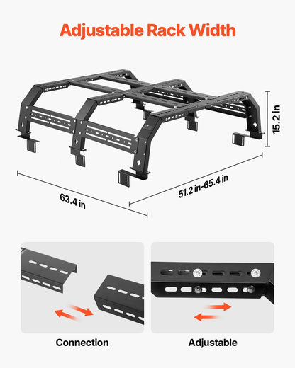 Overland Truck Bed Rack, 51.2-65.4 in Adjustable Width, Heavy-Duty Cargo Rack with Sidebar, 900 lbs Static Capacity, Compatible with Mid-Size Trucks Tacoma, Ranger, Gladiator JT, and Colorado
