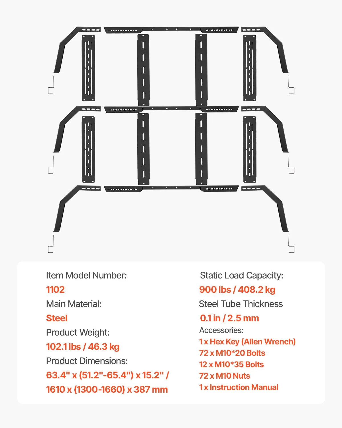 Overland Truck Bed Rack, 51.2-65.4 in Adjustable Width, Heavy-Duty Cargo Rack with Sidebar, 900 lbs Static Capacity, Compatible with Mid-Size Trucks Tacoma, Ranger, Gladiator JT, and Colorado