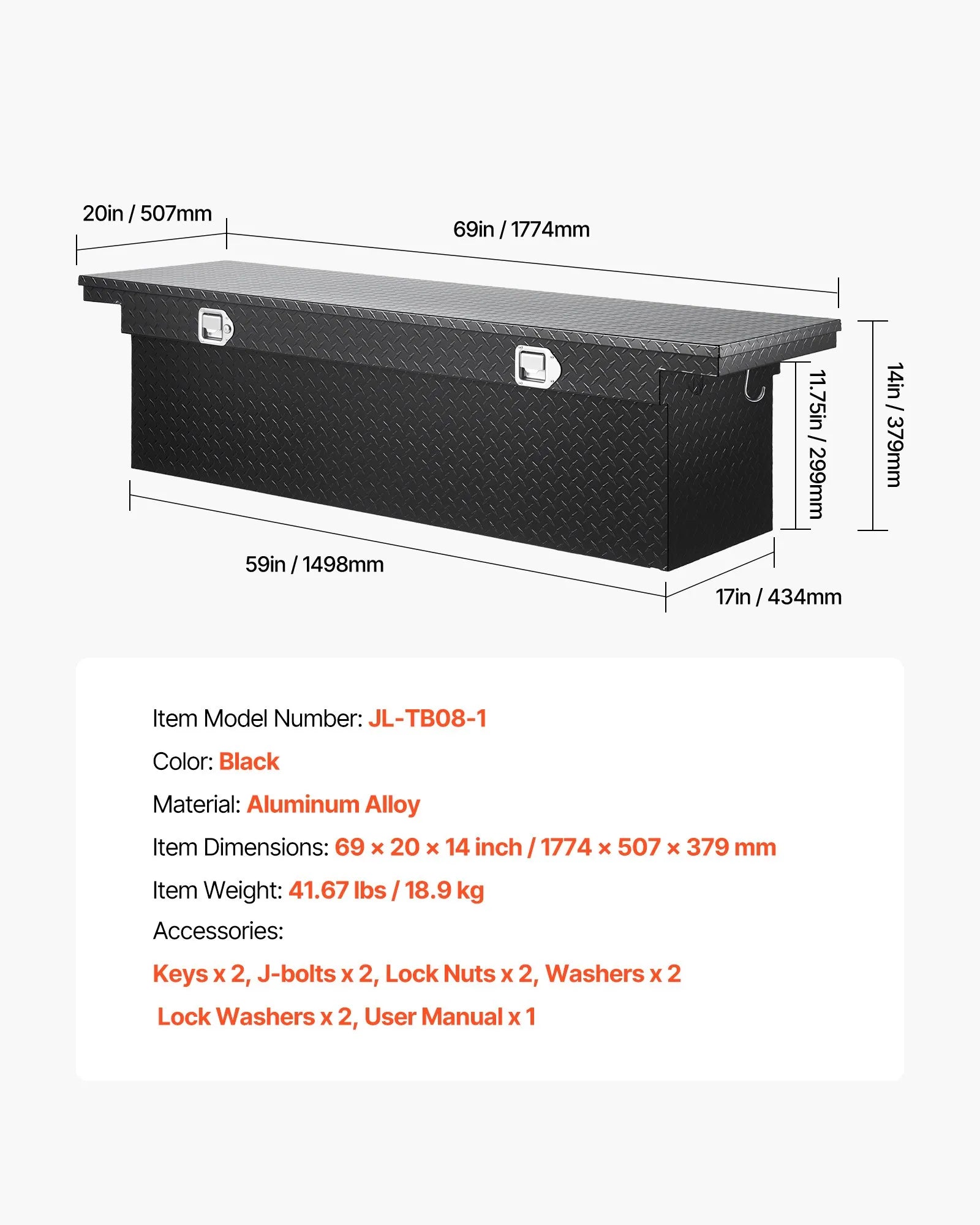 Crossover Truck Tool Box, 69 Inch Heavy-Duty Aluminum Toolbox with Diamond Plate Texture, Pickup Truck Bed RV Trailer Storage Organizer, Waterproof with Stainless Steel Lock, Keys & Side Handles