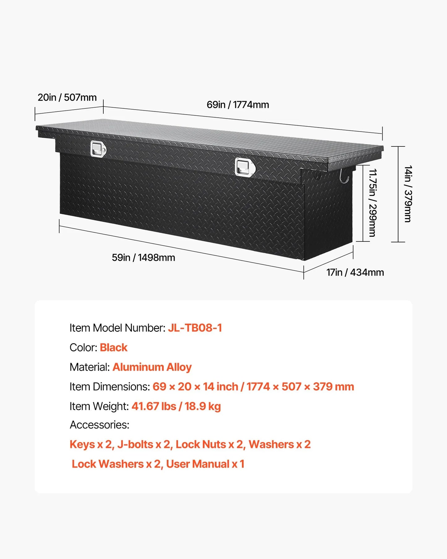 Crossover Truck Tool Box, 69 Inch Heavy-Duty Aluminum Toolbox with Diamond Plate Texture, Pickup Truck Bed RV Trailer Storage Organizer, Waterproof with Stainless Steel Lock, Keys & Side Handles