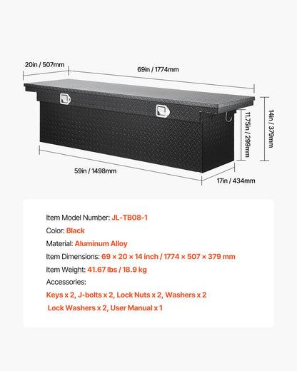 Crossover Truck Tool Box, 69 Inch Heavy-Duty Aluminum Toolbox with Diamond Plate Texture, Pickup Truck Bed RV Trailer Storage Organizer, Waterproof with Stainless Steel Lock, Keys & Side Handles