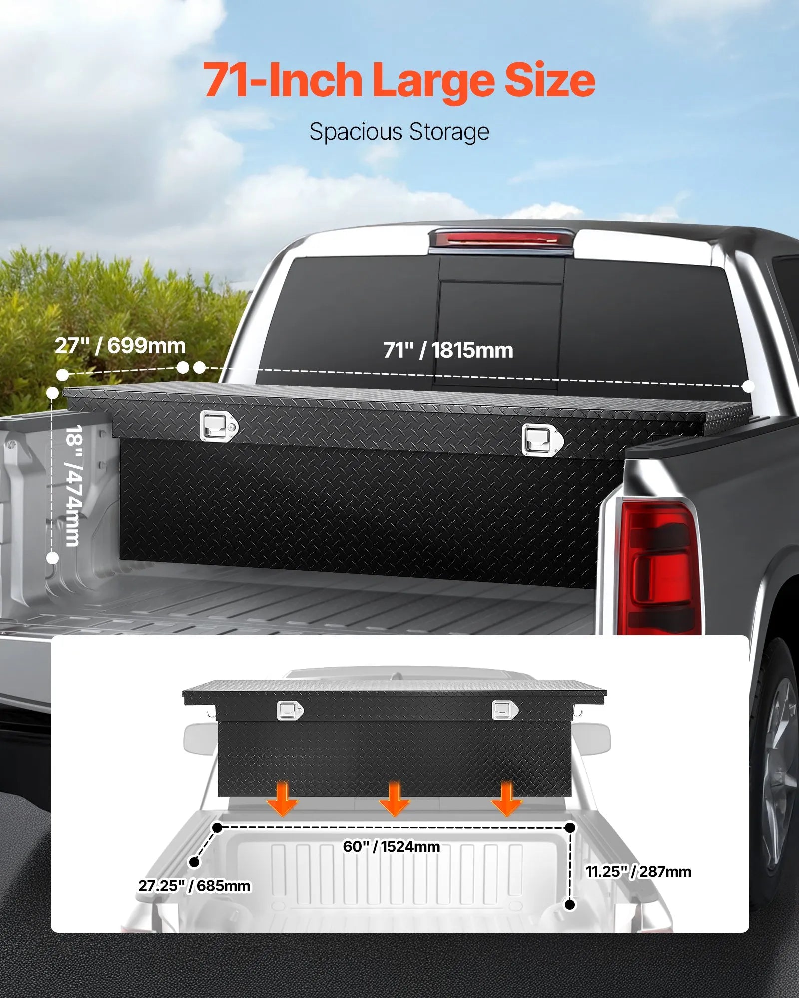 Crossover Truck Tool Box, 71 Inch Heavy-Duty Aluminum Toolbox with Diamond Plate Texture, Pickup Truck Bed RV Trailer Storage Organizer, Waterproof with Stainless Steel Lock, Keys & Side Handles