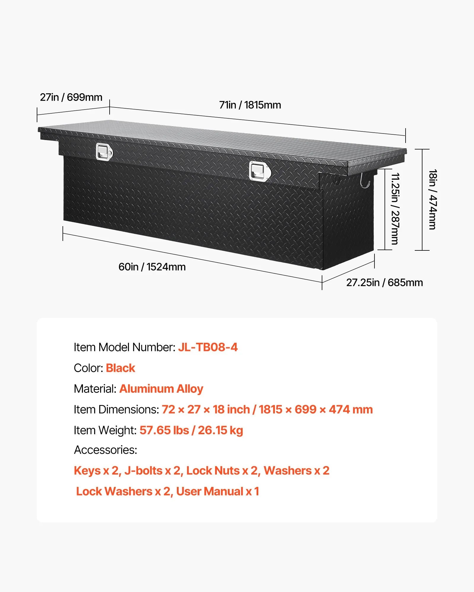 Crossover Truck Tool Box, 71 Inch Heavy-Duty Aluminum Toolbox with Diamond Plate Texture, Pickup Truck Bed RV Trailer Storage Organizer, Waterproof with Stainless Steel Lock, Keys & Side Handles